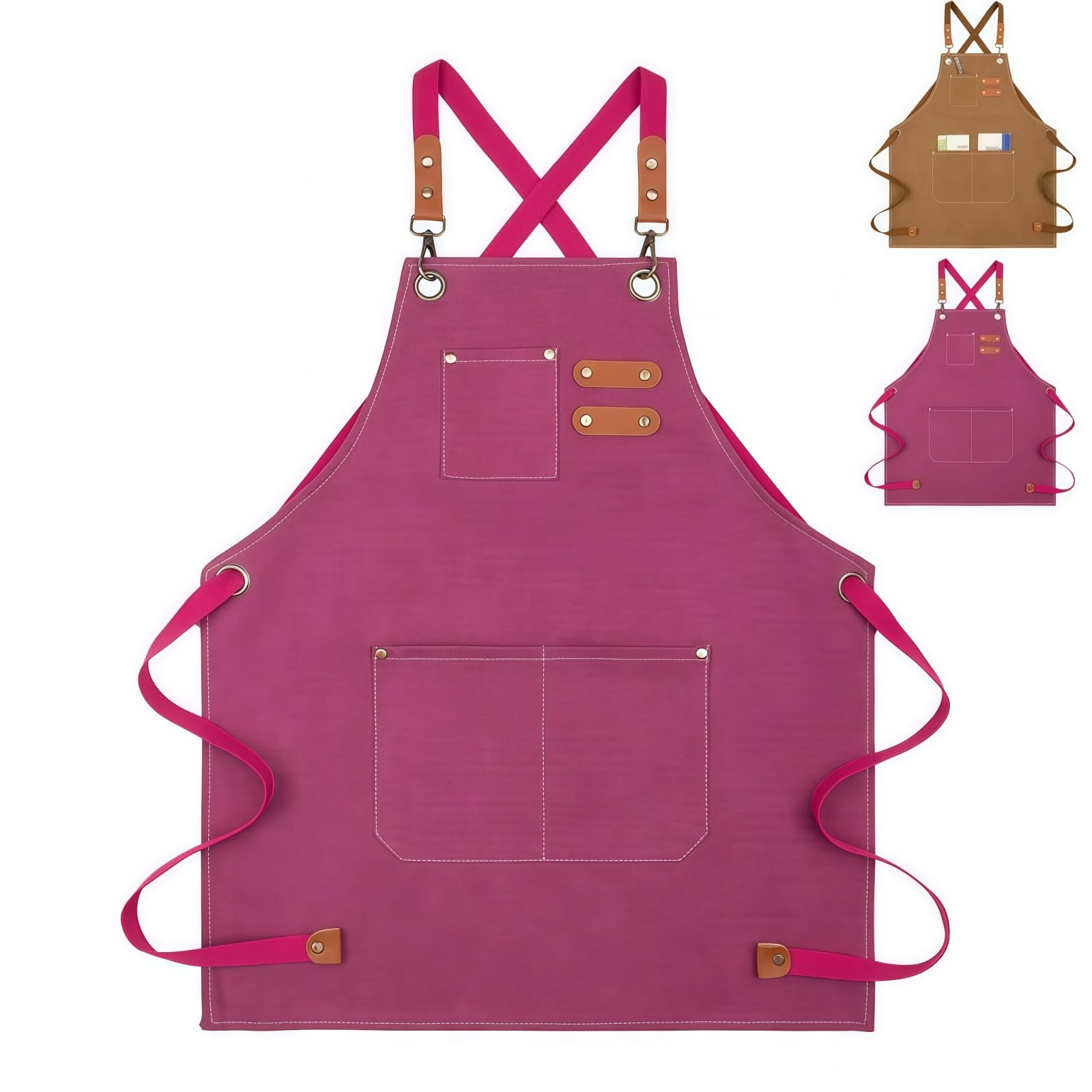 HUANYO Kids Aprons for Children 5-12 Years Old, Canvas Painting Apron with 3 Front Pockets for Cooking Baking Painting Craft and Gardening (rose red)