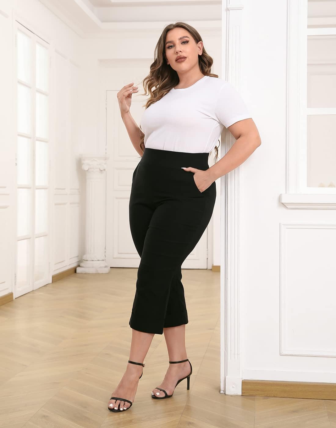 HDE Plus Size Pull On Capri Pants for Women with Pockets Elastic Waist Commuter Travel Casual Work Cropped Pants with Cuff - Image 2