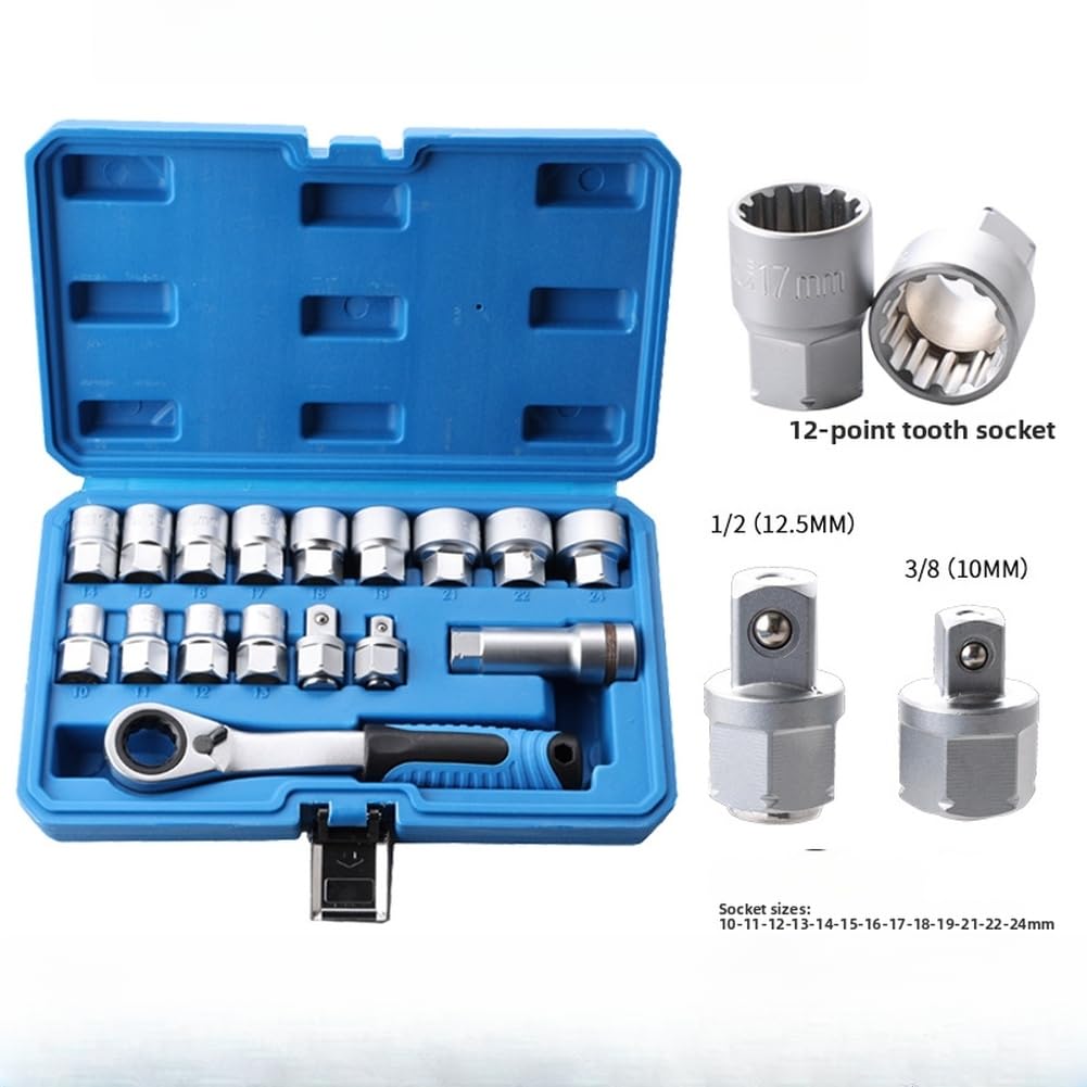 Lecreatekit Set di chiavi a bussola a cricchetto, 17 pezzi, chiavi metriche a 12 punte, con barra di estensione e punte, kit di attrezzi manuali in metallo compatto per riparazioni di casa e garage