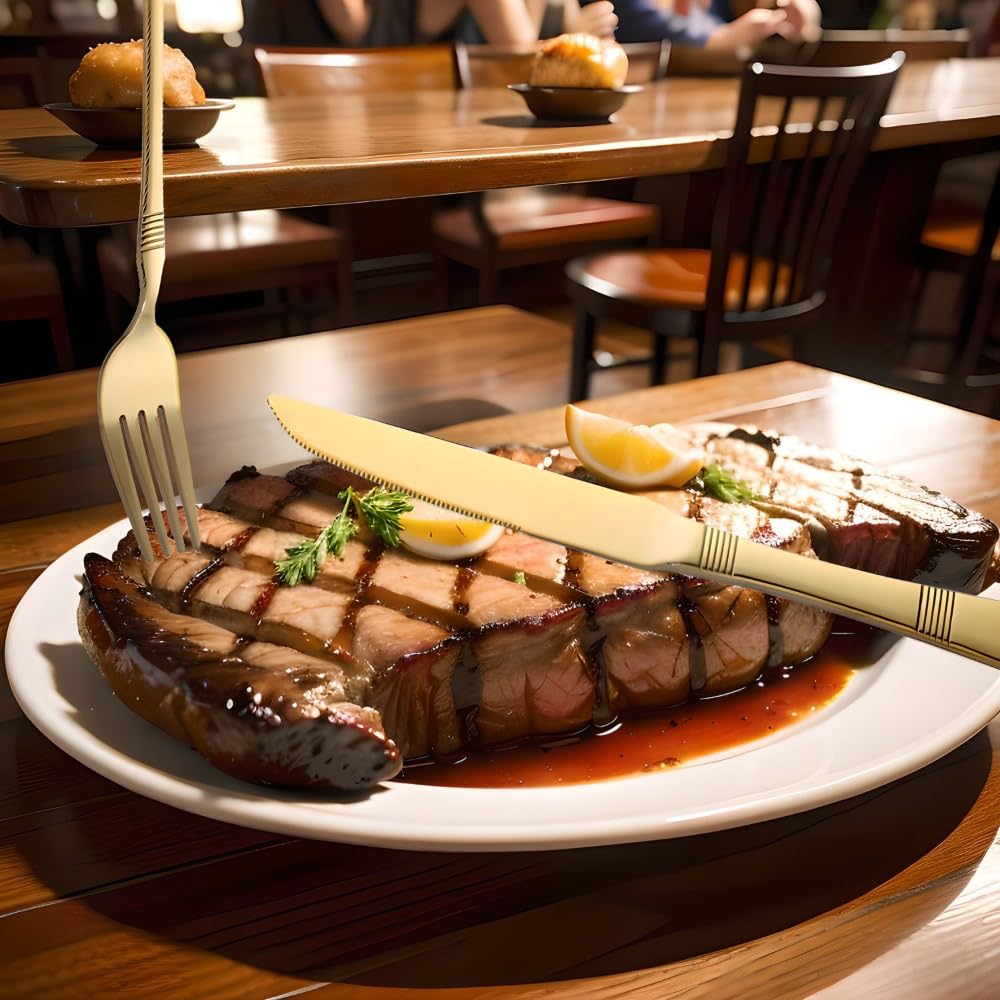 Besteckset aus Edelstahl, 20-teilig, bunt, mit horizontal gestreiftem Griff, Besteckset mit Steakmesser, Gabel, Löffel und Teelöffel für Küche und Esszimmer (Silber)