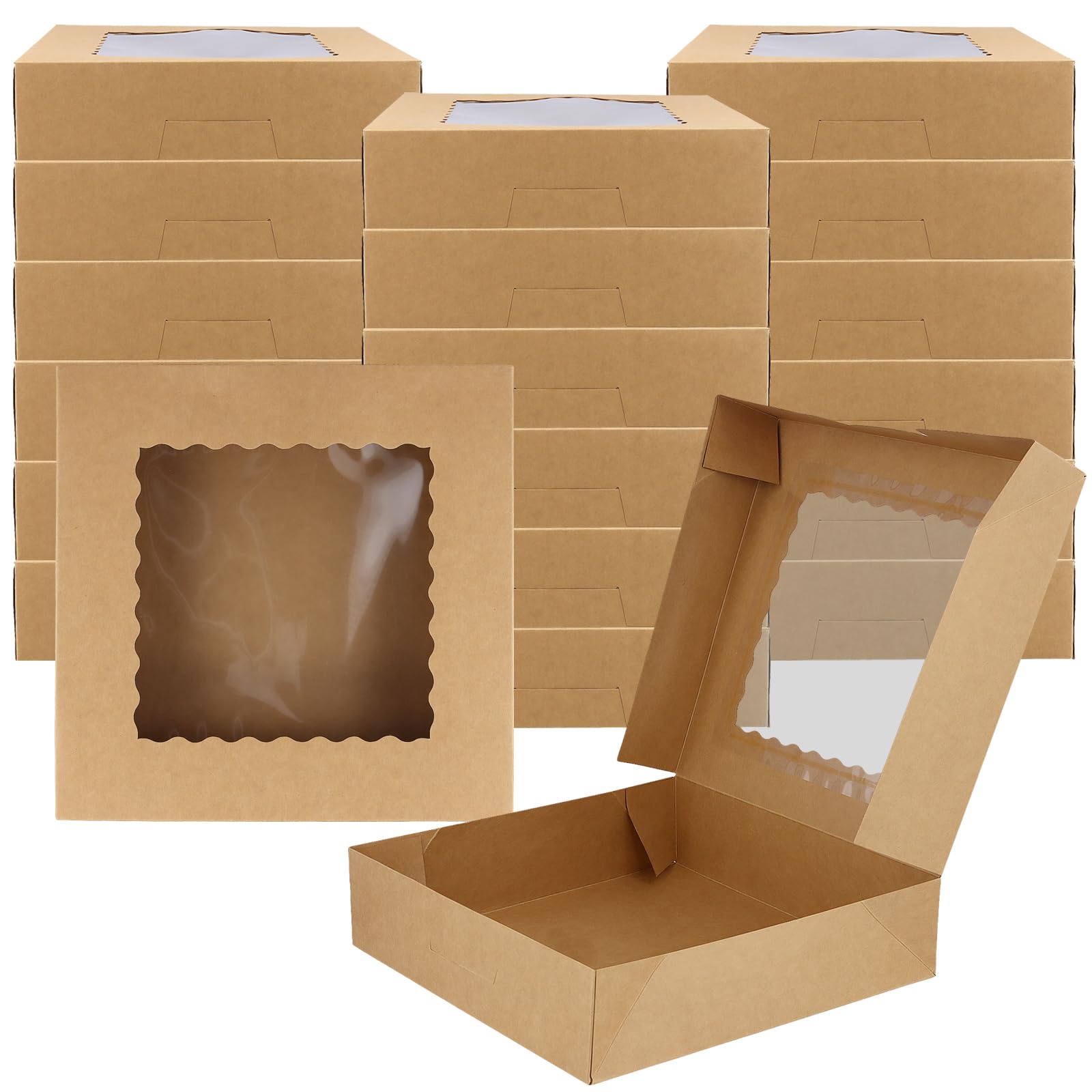 SINJEUN 20 Pack Kraft Cookie Boxes with Window, 26x26x6.35cm Brown Cake Boxes Bakery Pastry Boxes, Cardboard Cookie Dessert Boxes for Gift Packing