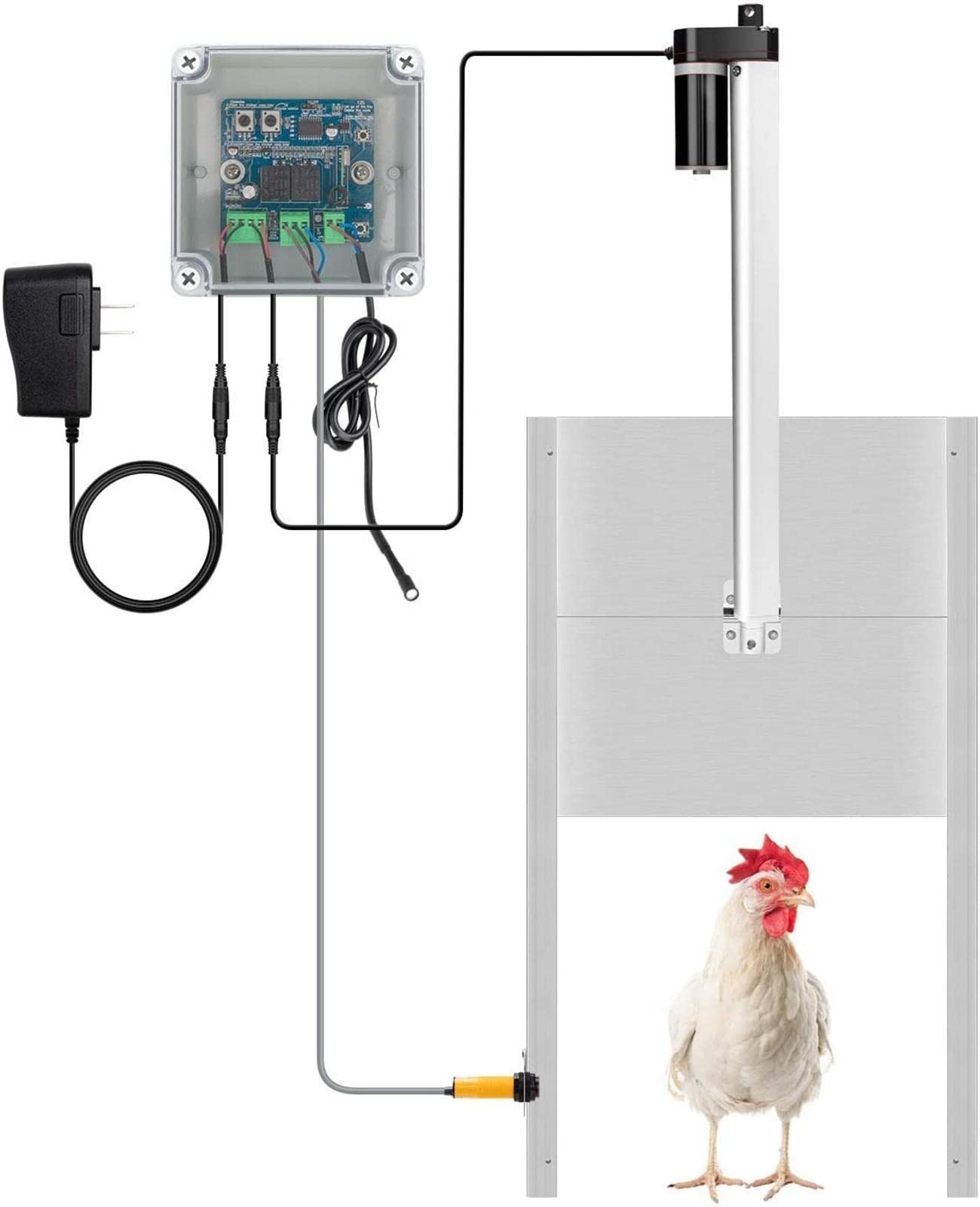 CosHall Automatic Chicken Door Coop Opener Kit with IR Sensor Safety Mechanism,Chicken Door with Actuator Drive,Rainproof Electric Poultry Door Opener Closer Kit Timer Controller Actuator Motor,Remote