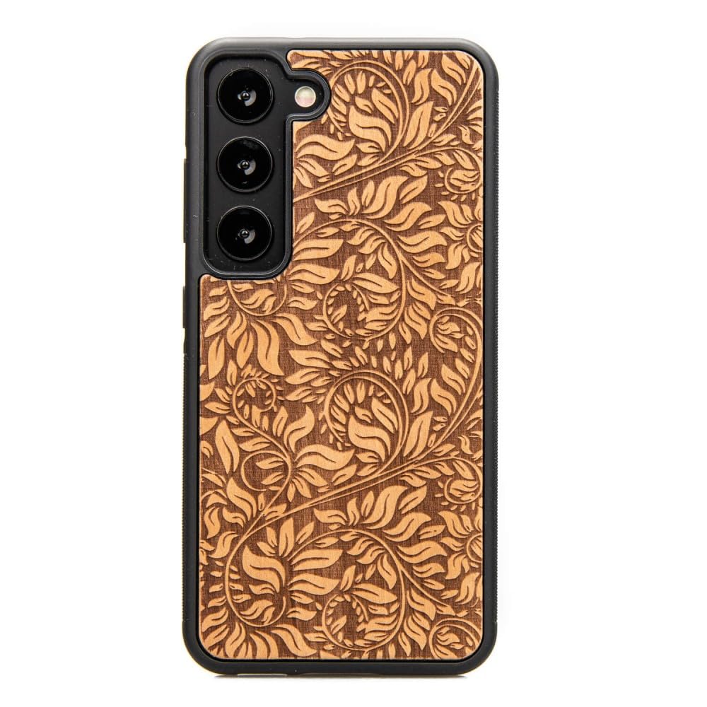 Funda de madera compatible con Samsung Galaxy, madera de manzano, patrón floral, carga inalámbrica, resistente a los golpes, hecha a mano