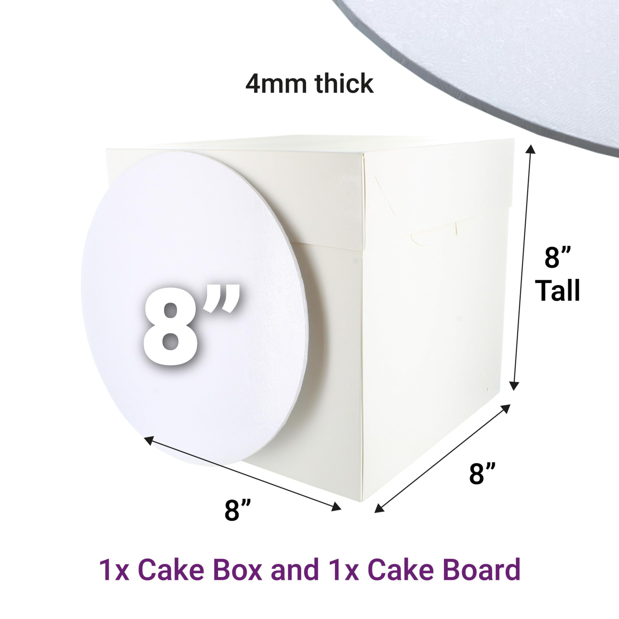 Culpitt Tall Cake Box & White Cake Board Set | 8" | 8 x 8 x 8 Inch Square Tall Box and Matching Premium Masonite Board, For Tiered or Decorated Transport - 2