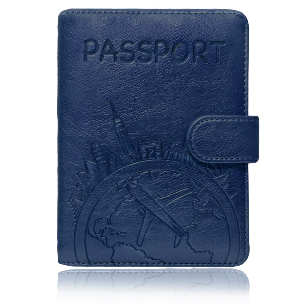 Passport Holder Leather Travel Wallet - RFID Blocking Passport Cover with Magnetic Button for Women Men By Talent (Blue - Map)