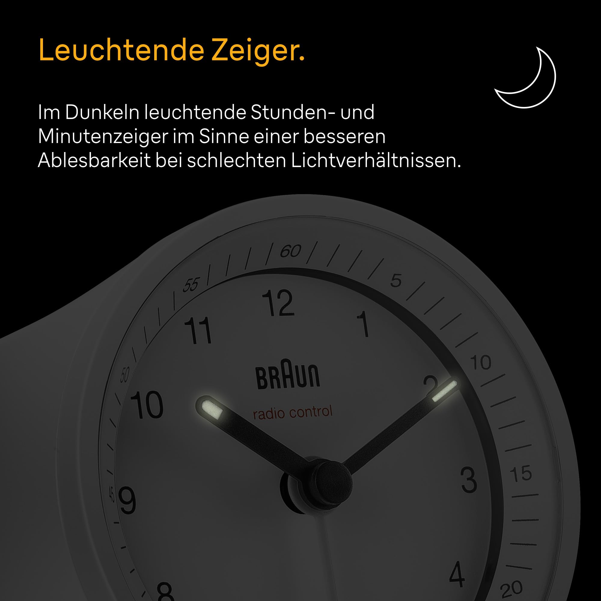 Klassischer analoger Funkwecker von Braun für die Mitteleuropäische Zeitzone (MEZ/GMT+1) mit Schlummerfunktion und Beleuchtung, ruhigem Uhrwerk, Crescendo-Alarm in Weiß, Modell BC07W-DCF