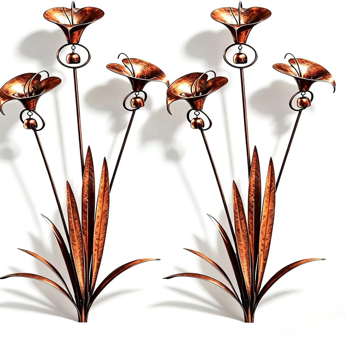 New Three Calla Lilies Garden Stake with Bells,Rustic Flower Sculptures