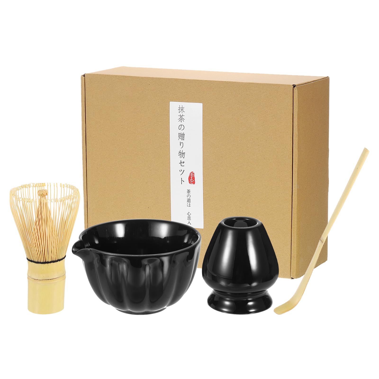 HARFINGTON Matcha Set Matcha Bowl 13.5 OZ/420ml Match Whisk Matcha Scoop | Matcha Whisk Stand (Chasen Holder) 4Pcs Perfect Japanese Matcha Ceremony Accessory, Black