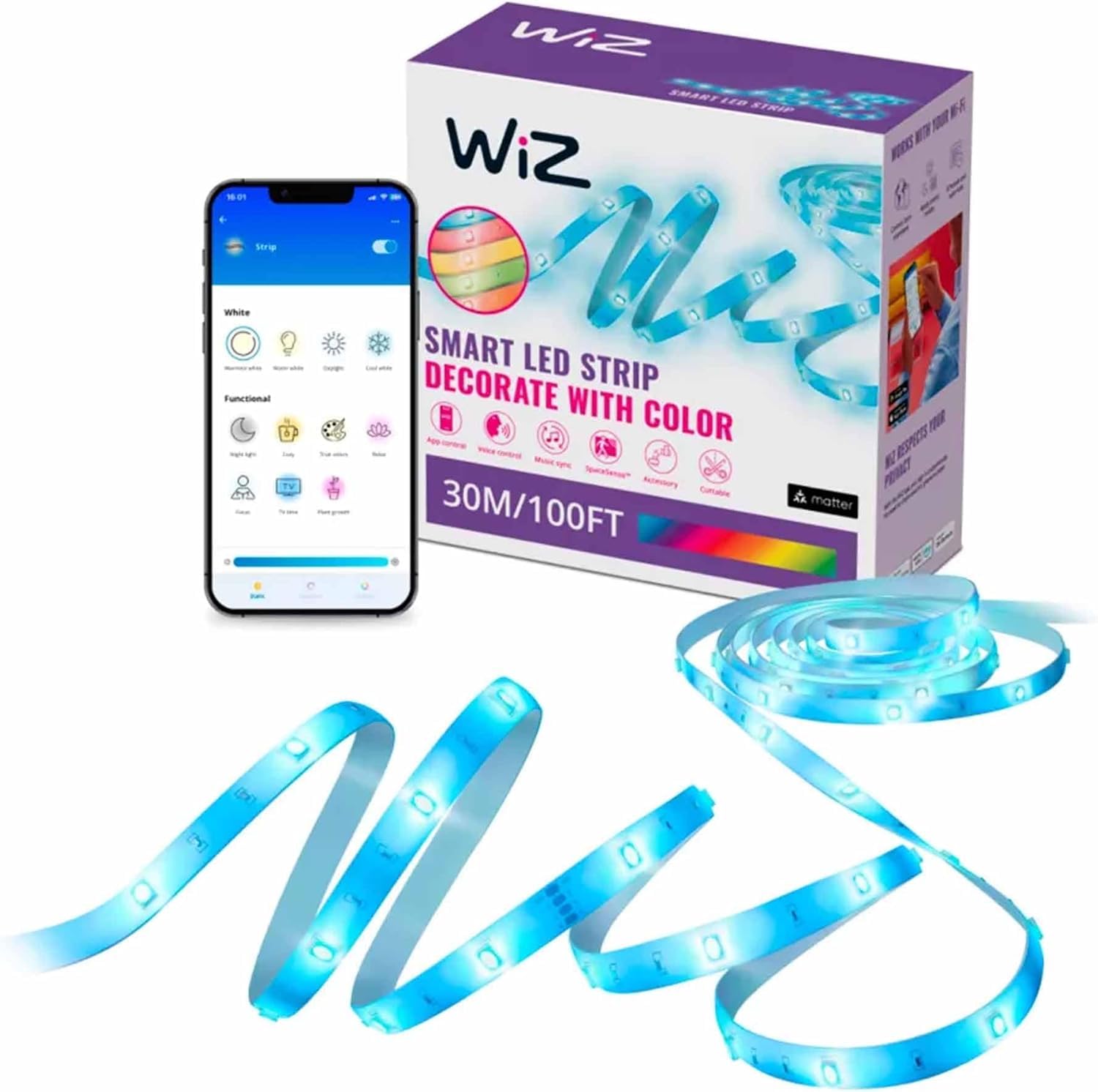 WiZ Connected Smart Light Strip - Sunset to Sunrise Automation + Preset Light Modes + Control with Voice or App, Full Color RGB, 100 ft Cut to Fit