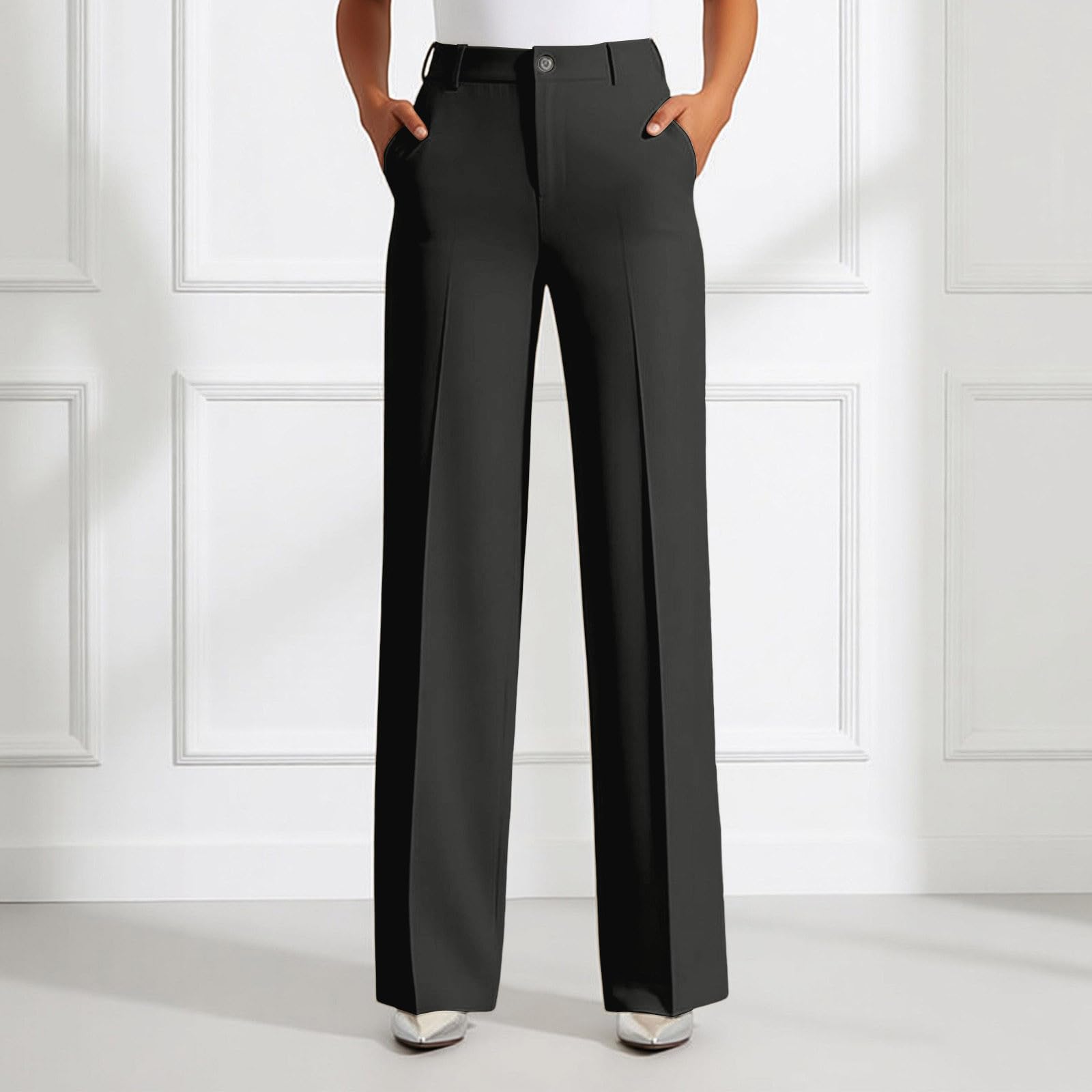 Pantalon Femme Habillé Taille Haute Pantalons Chic et Elégant Coupe Large Droit Pantalon Décontracté Confortable Simple Jambes Larges Pants Pantalons de Costume Confort Quotidien Business Travail - 2