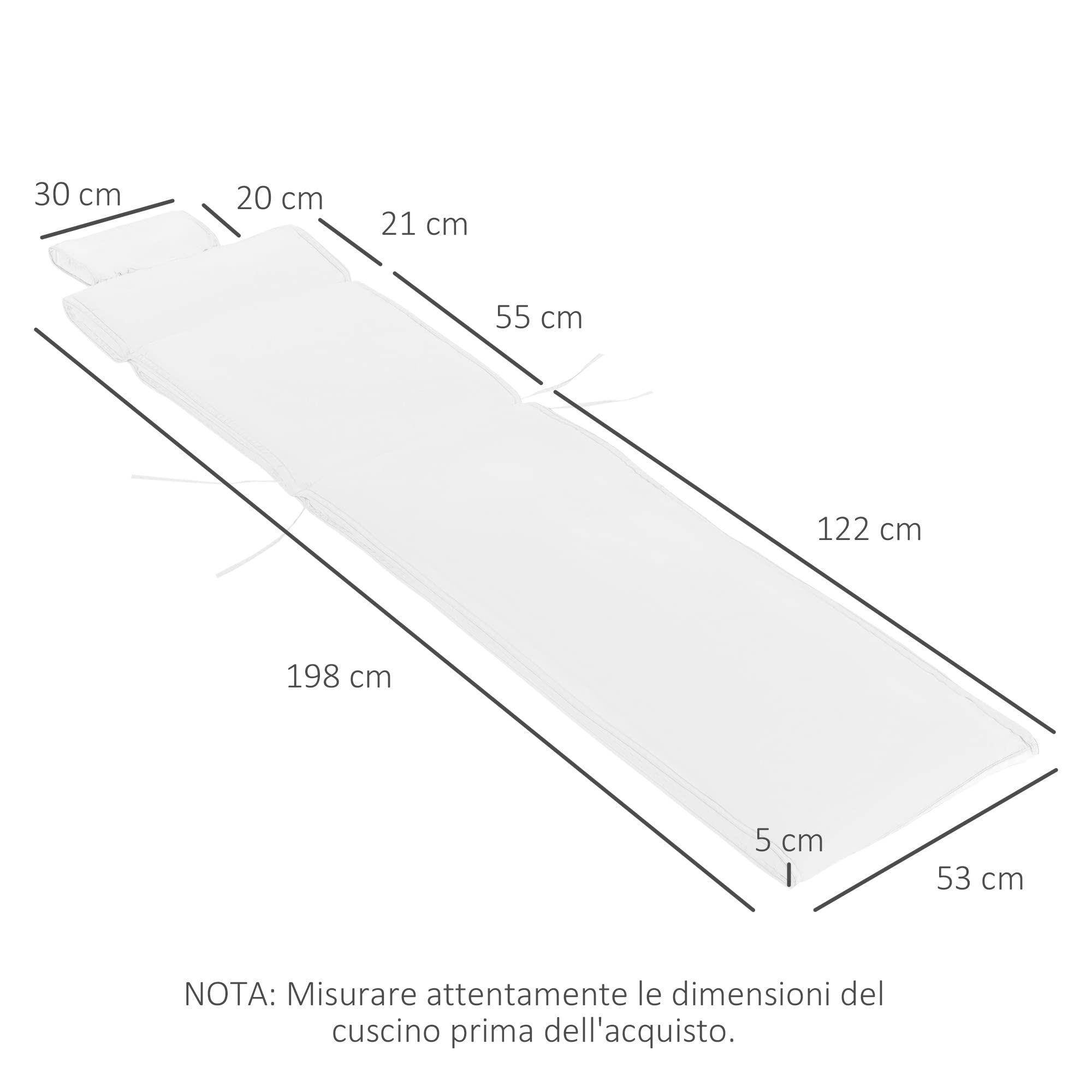 Outsunny Cuscino per Sdraio Lettino Prendisole da Giardino 198x53x5cm Bianco Crema