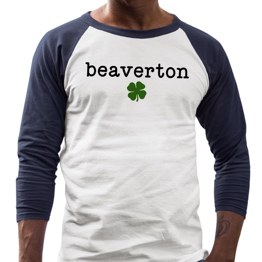 TeesAndTankYou Beaverton Shamrock Three-Quarter Raglan Sleeve Baseball Shirt Unisex Medium White/Navy
