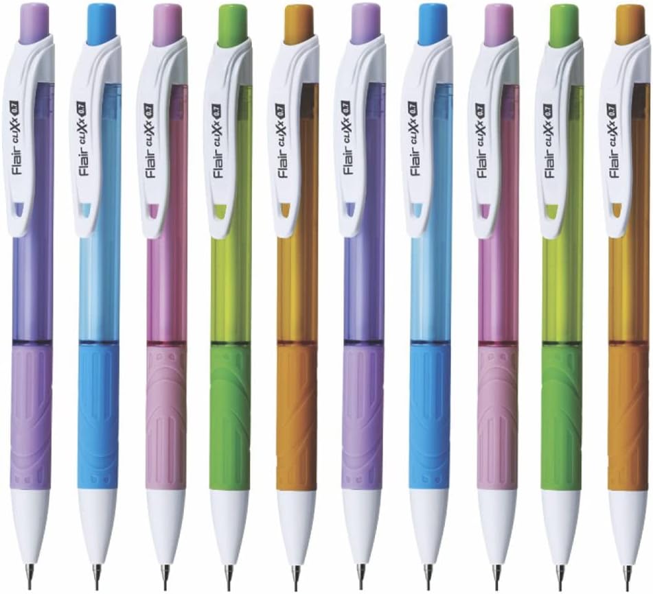 FLAIR Clixx Medium 0.7 mm Mechanical Pencil Pouch Pack | Triangular Barrel for Relaxed Drawing | Free One Lead Tube with Each Pencil | Light Weight with Comfortable Grip | Pack of 10