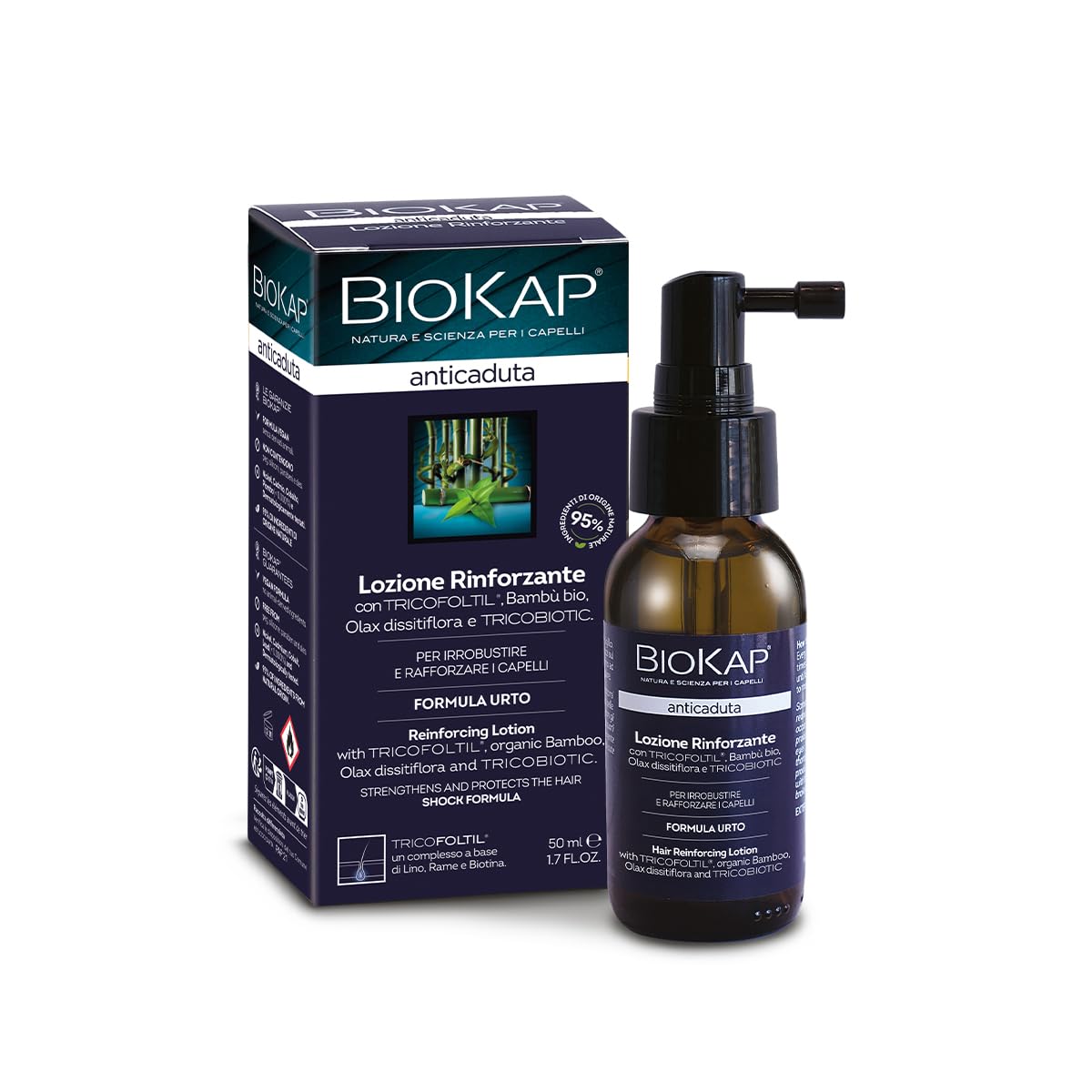 BIOS LINE Biokap Lozione Rinforzante Anticaduta con Tricobiotic, Trattamento Urto, Migliora Resistenza e Densità dei Capelli, 50 ml