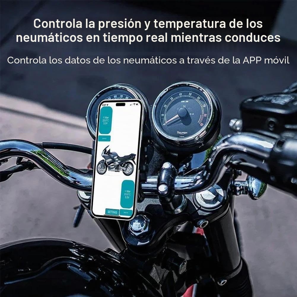 Sistema TPMS para motocicleta y coche - Monitorización de presión de neumáticos compatible con Bluetooth 5.0 con sistema Jump 2000A/1200A de arranque