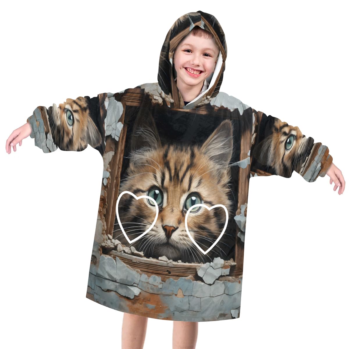 Wearable Blanket Hoodie for Kids, Tabby Cat Fleece Sweatshirt Blanket Oversized Blanket Sweatshirt with Pocket Flannel Warm Hooded Blanket 6-10 Year Old Girl Boy Gift, One Size