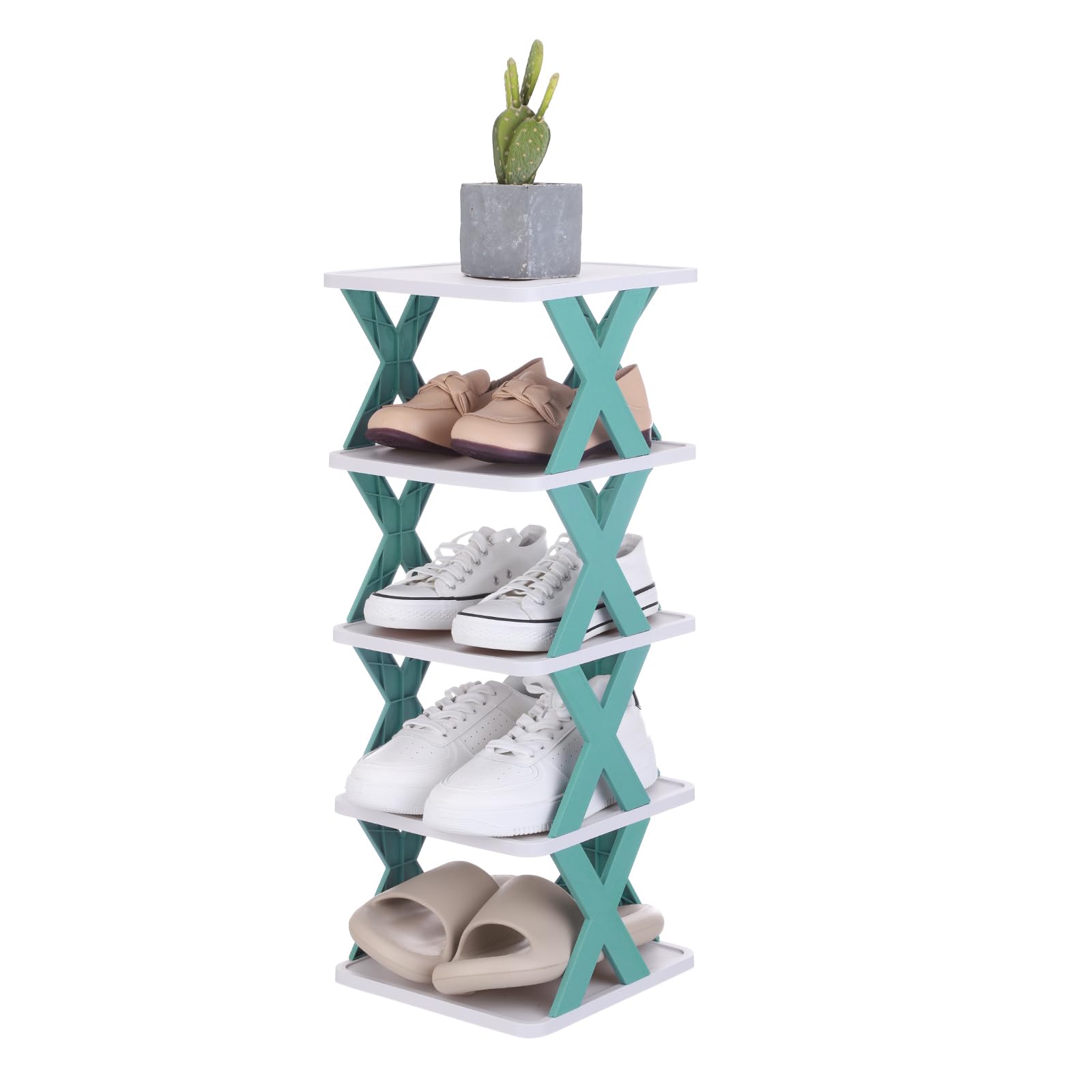 sourcing map 5-Tier Plastic Shoe Rack, Vertical Shoe Rack Stackable Storage Organizer Folding Space-Saving Narrow Slot Shelf for Closet Livingroom Entryway Garage, Blue/White