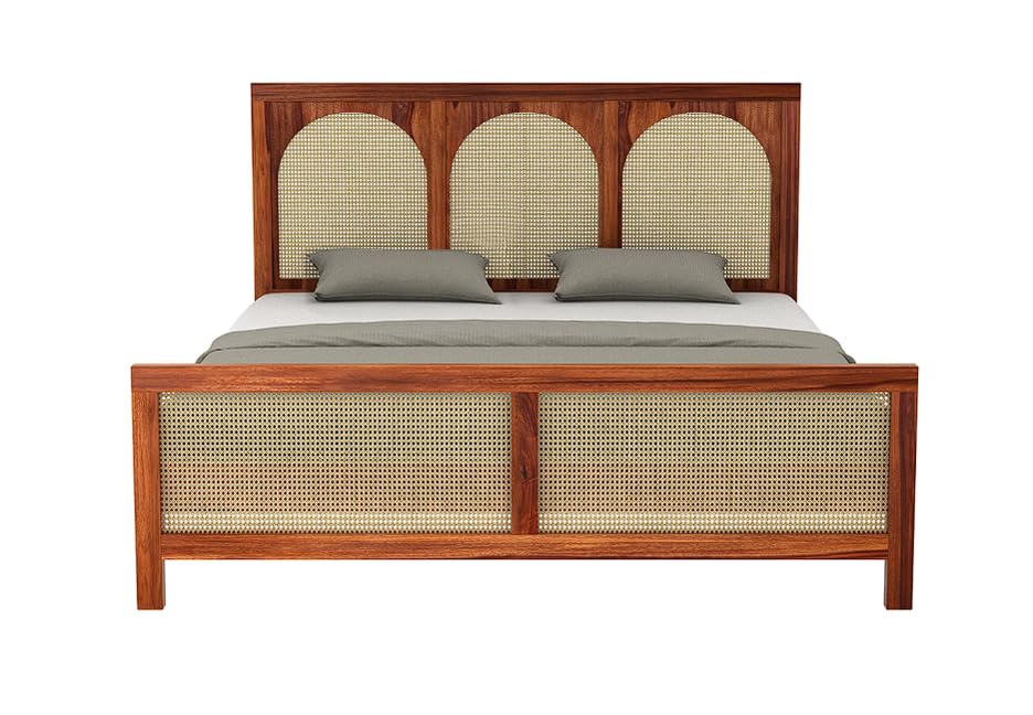 Image of Sheesham Wood King Size Bed Without Storage for Bedroom | Solid Wooden Cane Bed Cot Furniture for Home, Hotel & Guest House | Modern Double Bed 80x75x48 Inch Design