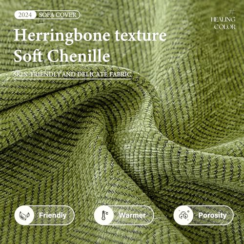 Funda de sofá chenilla con flecos antideslizante verde 180x380 cm para sofás seccionales 4