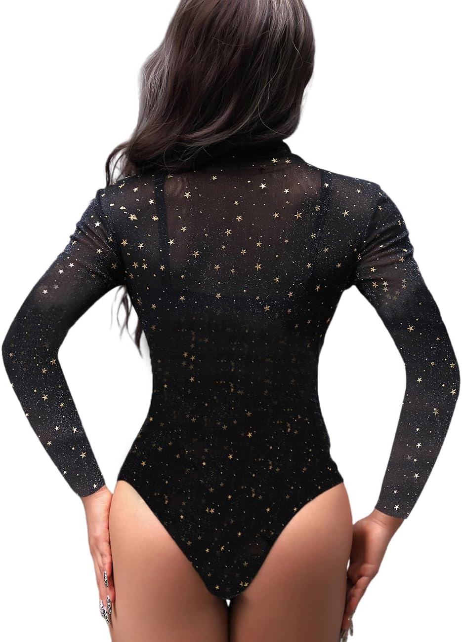 SEBOWEL Women Rhinestone Sparkly Bodysuits Sexy Studded Sheer Mesh Long Sleeve Bodysuit See Through Club Rompers Top - Image 2