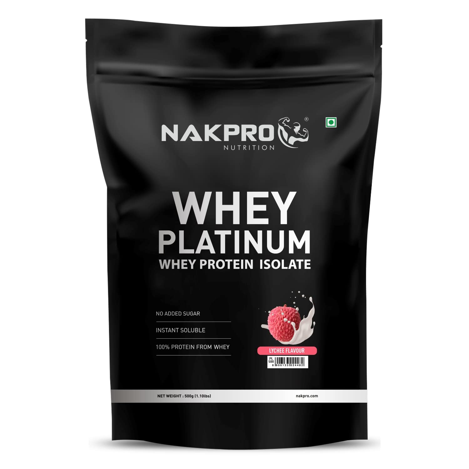 NAKPRO Platinum Whey Protein Isolate 500g Lychee | 28g Protein, 6.4g BCAA | Trustified Certified 100% Authentic Supplement Powder & No Adulteration | Low Carbs, Fast Absorbing Whey Protein Powder