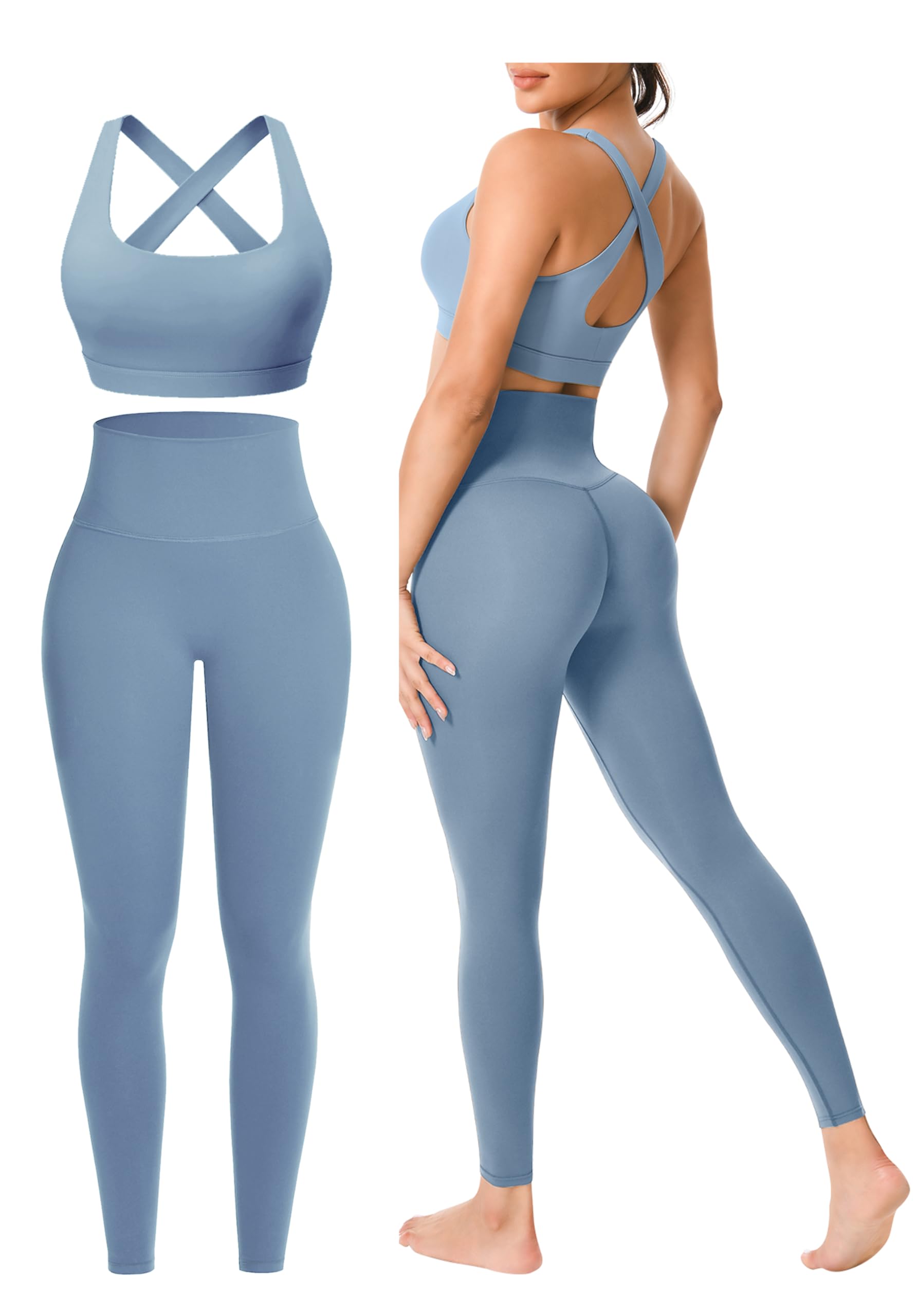 PINKSAVIOR Workout Sets for Women 2 Pieces Seamless Yoga Legging Removable Bra Padding