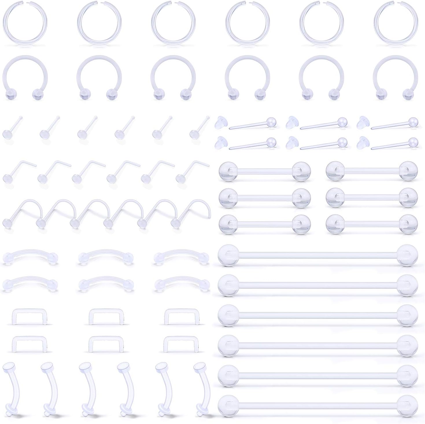 SCERRING 66PCS Clear Piercing Retainer Septum Retainers Nose Studs Flexible Lip Ear Nose Hoop Tongue Rings Nipple Ring Cartilage Rook Daith Earrings Plastic Industrial Piercing Jewelry Retainer