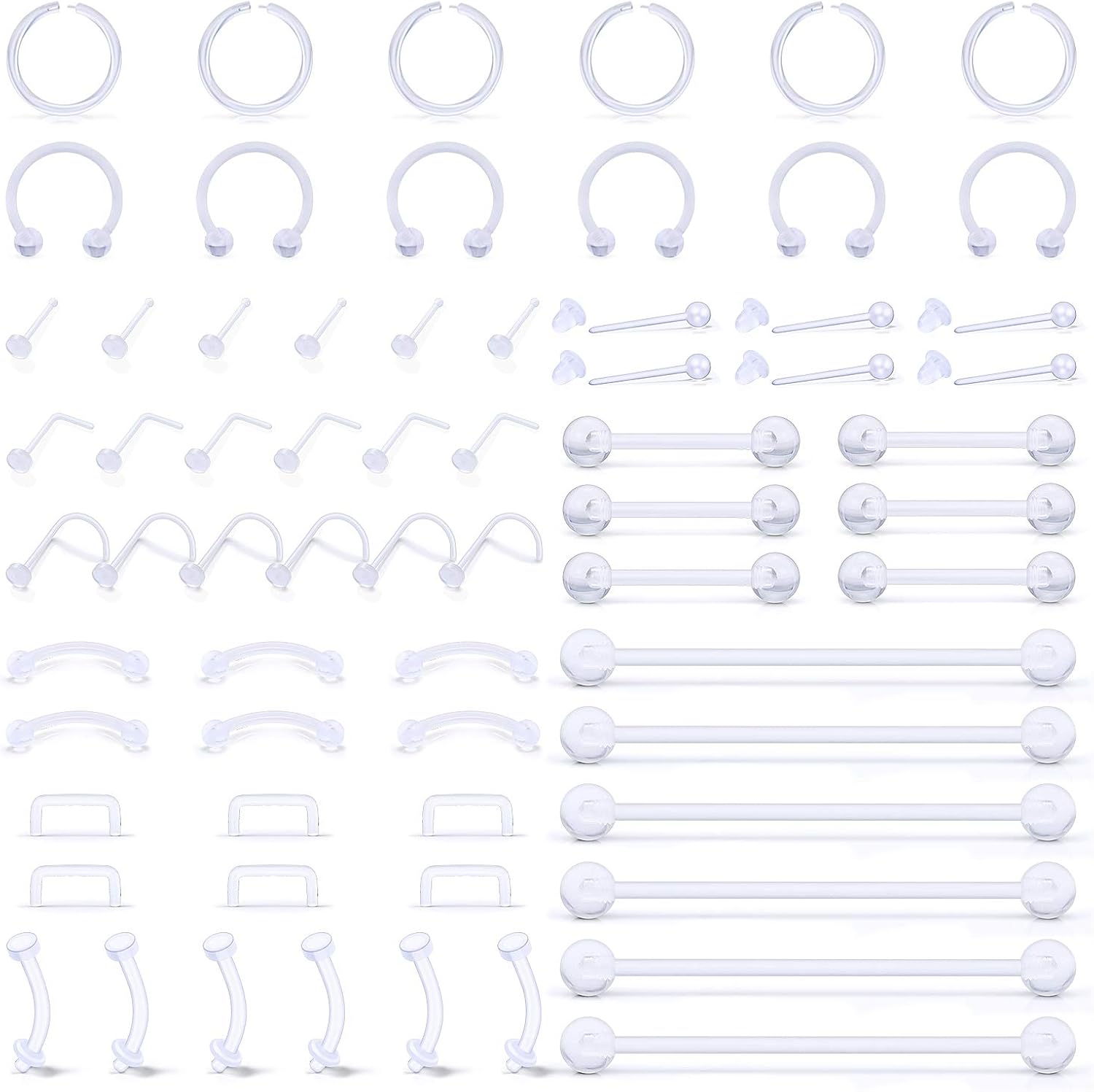 SCERRING 66PCS Clear Piercing Retainer Septum Retainers Nose Studs Flexible Lip Ear Nose Hoop Tongue Rings Nipple Ring Cartilage Rook Daith Earrings Plastic Industrial Piercing Jewelry Retainer