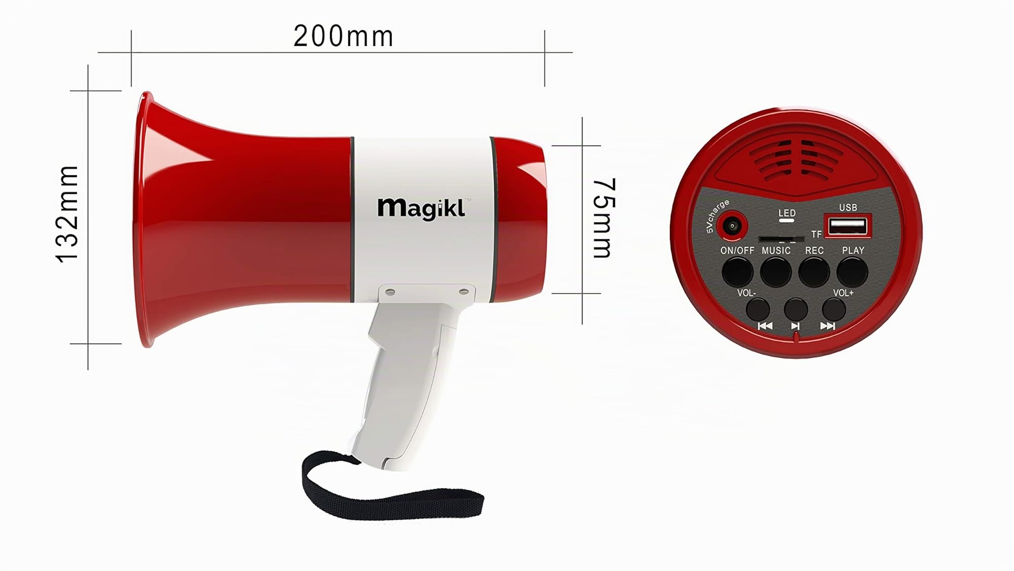 Megáfono Portátil con Sirena, Reproductor MP3, Grabador, Batería Recargable USB