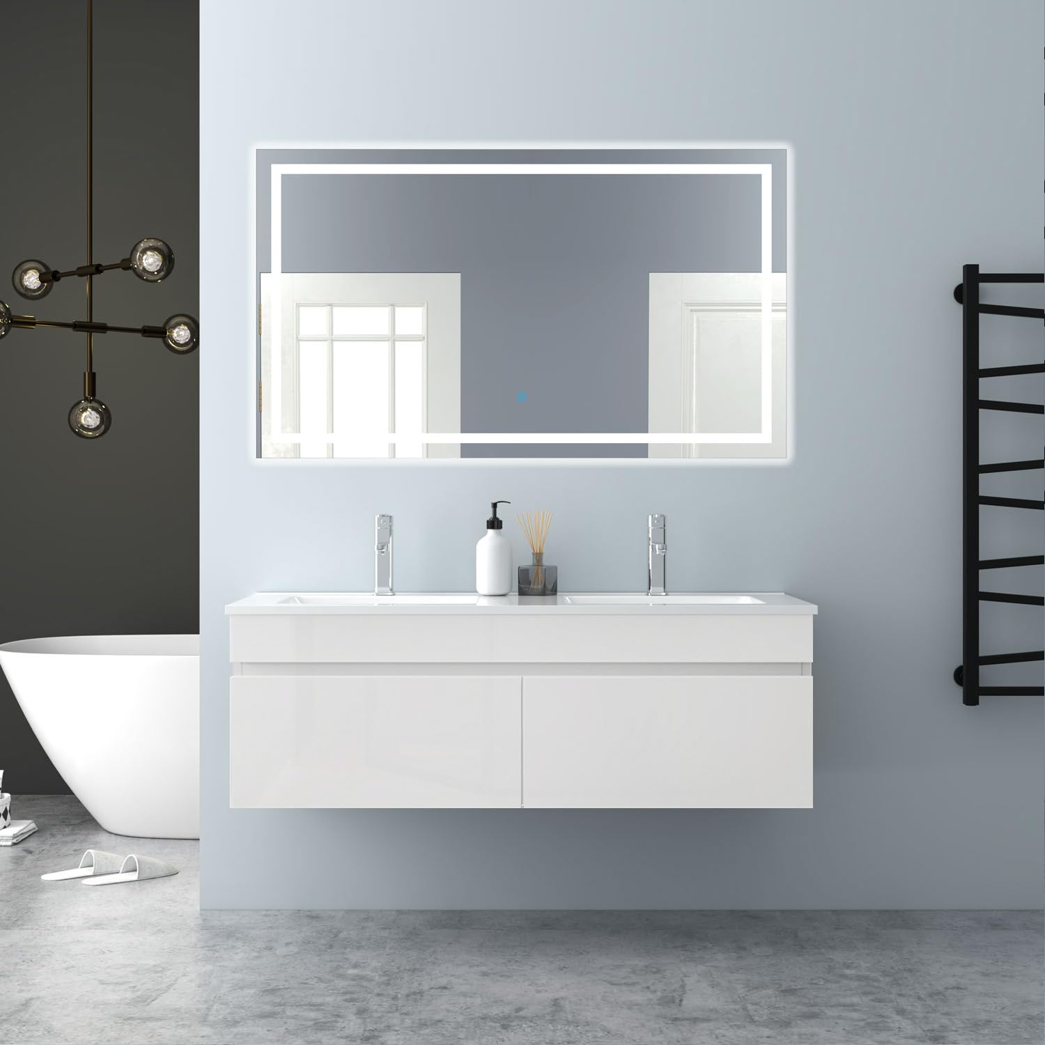 Badezimmer Badmöbel 120cm Keramik Waschtisch mit Unterschrank Hängeschrank Hochglanz Weiß Badezimmerschränke Badschrank mit 2 Soft-Close Türen