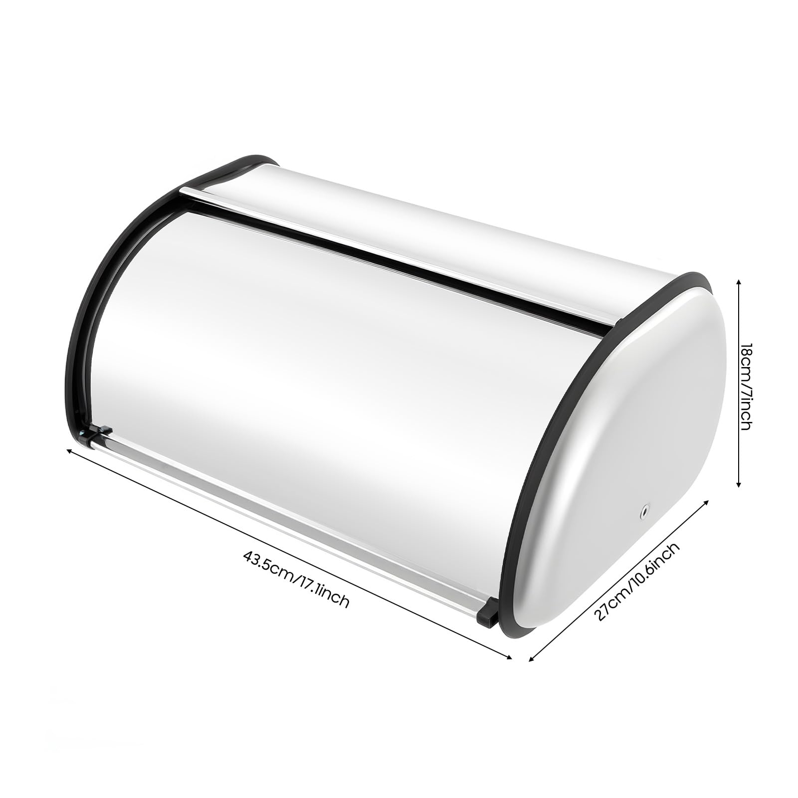 Panera de acero inoxidable, 43,5 x 27 x 18 cm, con tapa enrollable, para pasteles, bollos, pasteles, tortitas, color plateado