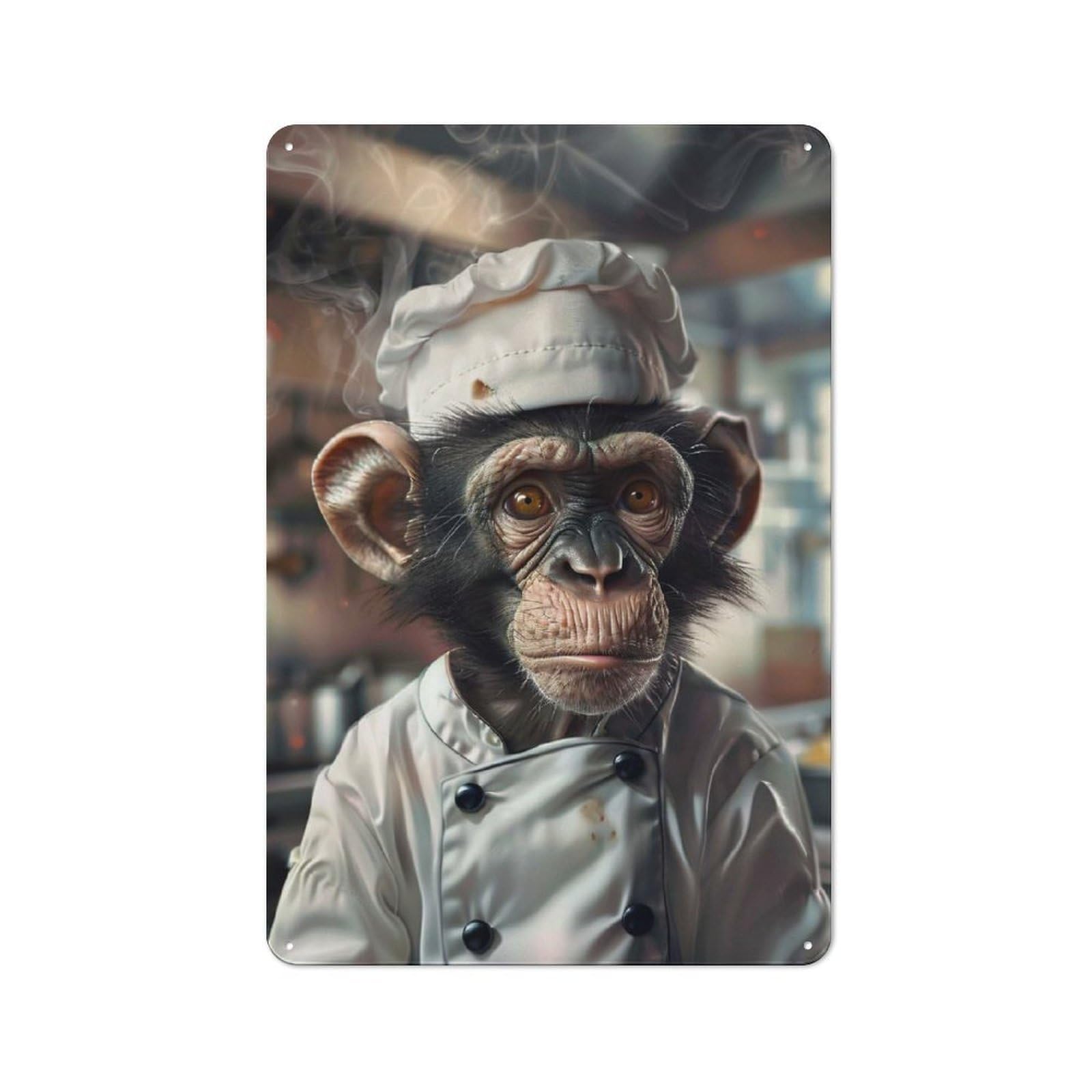 Junmoney Style-7 For Garage Or Workshop, Chimpanzee Chef In Kitchen Rustic Metal Plaque 30X20cm, Suited To Wall Displays In Garages And Tool Rooms