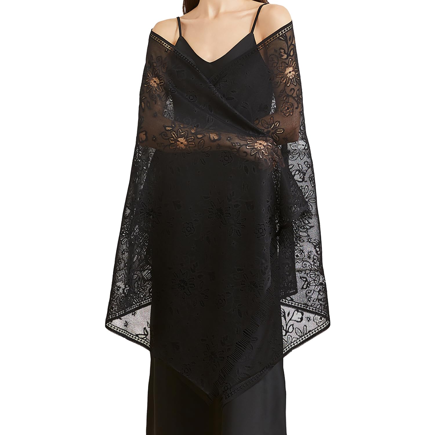 BRYCTSISEN Women’s Floral Lace Shawls and Wraps for Evening Dress Lace Pashmina Scarf for Wedding Costume Party, Black, One Size