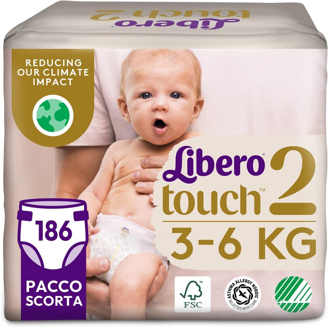 Libero, Pannolini Touch Open per Bambini, 186 Pannolini Taglia 2 per Bambini da 3-6 Kg, 3 Confezioni da 62 Pannolini Monouso