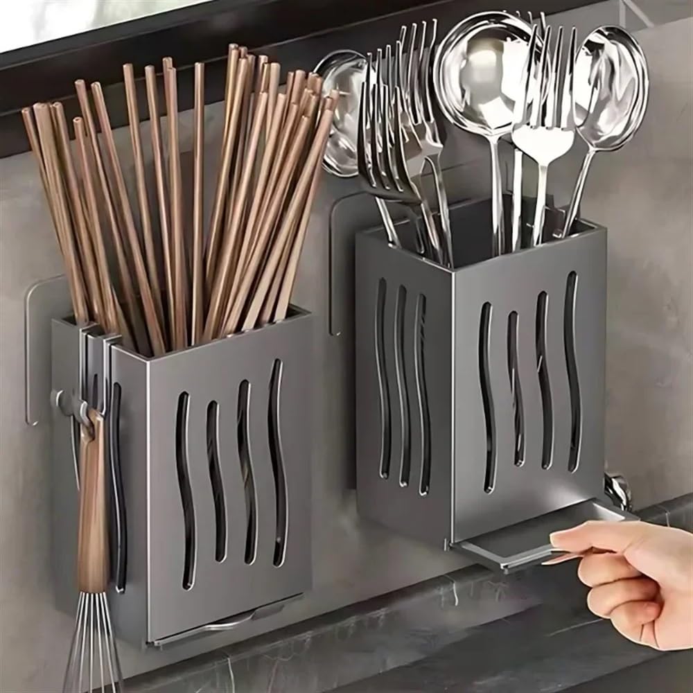 Lot de 2 porte-ustensiles de cuisine multifonction - Support mural autoportant en plastique pour baguettes - Gris