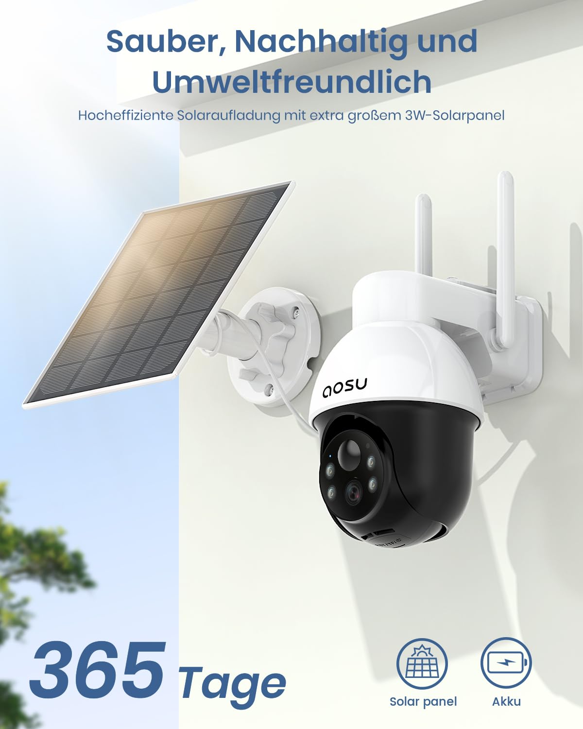 aosu 2K Überwachungskamera Aussen Solar Akku, 3MP 360° PTZ & KI, PIR | 360° PTZ, Licht- und Tonalarm, 2-Wege-Audio, Automatischer Personenverfolgung, Nachtsicht, IP65, Automatische Verfolgung