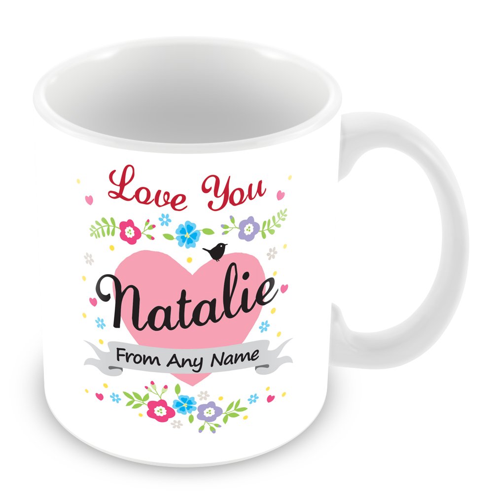 Personalised Mug with Name Natalie - Love Heart & Flowers Design Cup