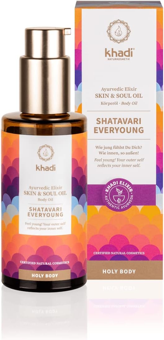 khadi SHATAVARI EVERYOUNG Ayurvedische Elixir Huid & Ziel Olie, Intensieve anti-aging olie, verstrakt, verjongt & revitaliseert, 100% plantaardig & veganistisch, natuurlijke cosmetica, 100ml