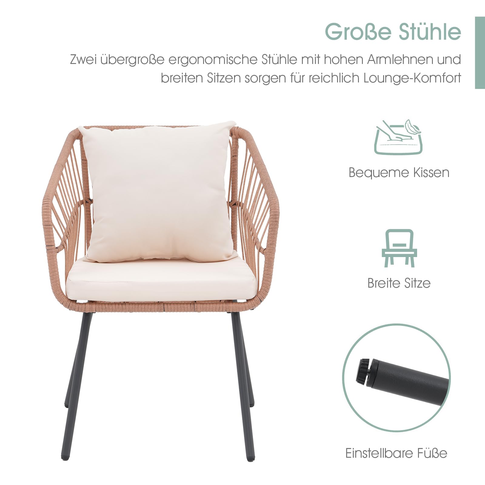 OC Orange-Casual Outdoor 3-TLG Balkon Set, Bistro Set, Rattan Gartenmöbel mit Kissen, Couchtisch mit Glastischplatte,Sitzgruppe für Garten, Balkon, Hinterhof, Natur