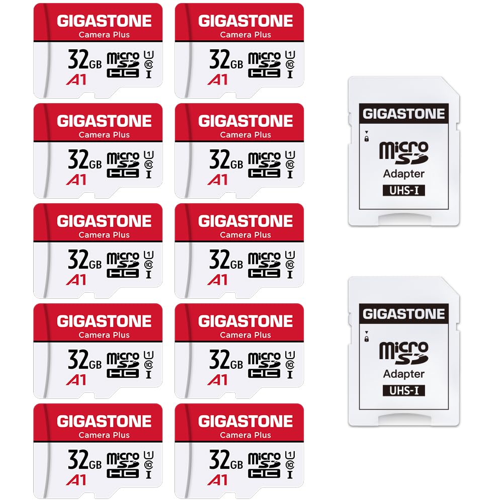 Gigastone32GB 10-Pack Micro SD Card with 2x SD Adapter + 4x Mini-case, Camera Plus, Nintendo-Switch Compatible, High Speed 90MB/s, Full HD Video Recording, Micro SDHC UHS-I A1 Class 10