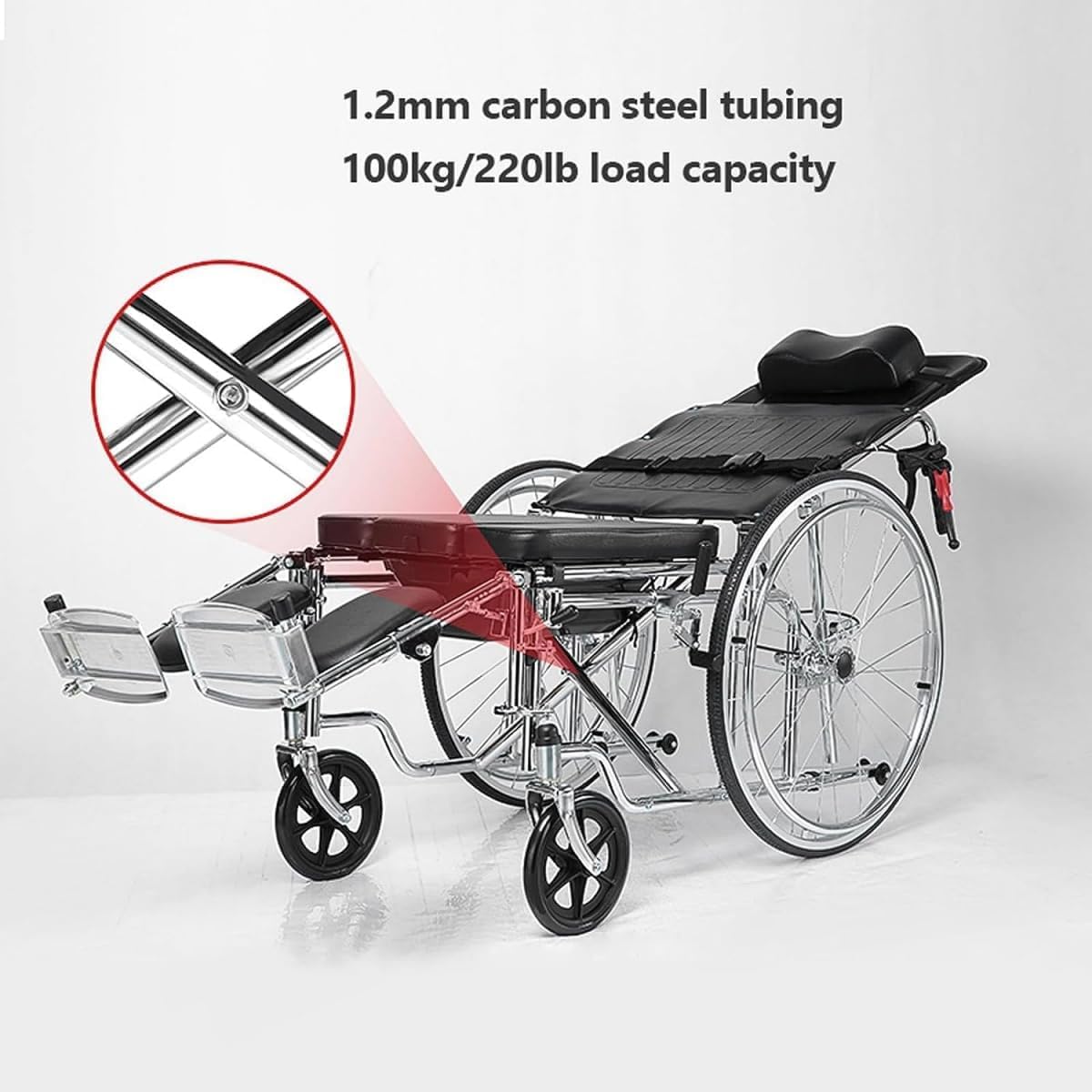 Silla de ruedas Respaldo alto Wheelchai Silla de ruedas manual reclinada Marco de aluminio plegable ligero Silla de ruedas Mesa pequeña Orinal Sillas de ruedas