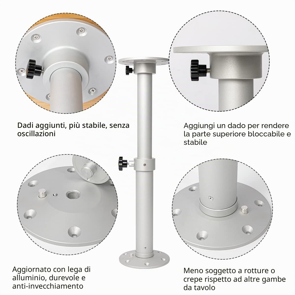 Flylin Gambe da tavolo regolabile, supporto girevole a 360°, 450-700 mm, telescopica, smontabile, per camper, yacht, campeggio, barche