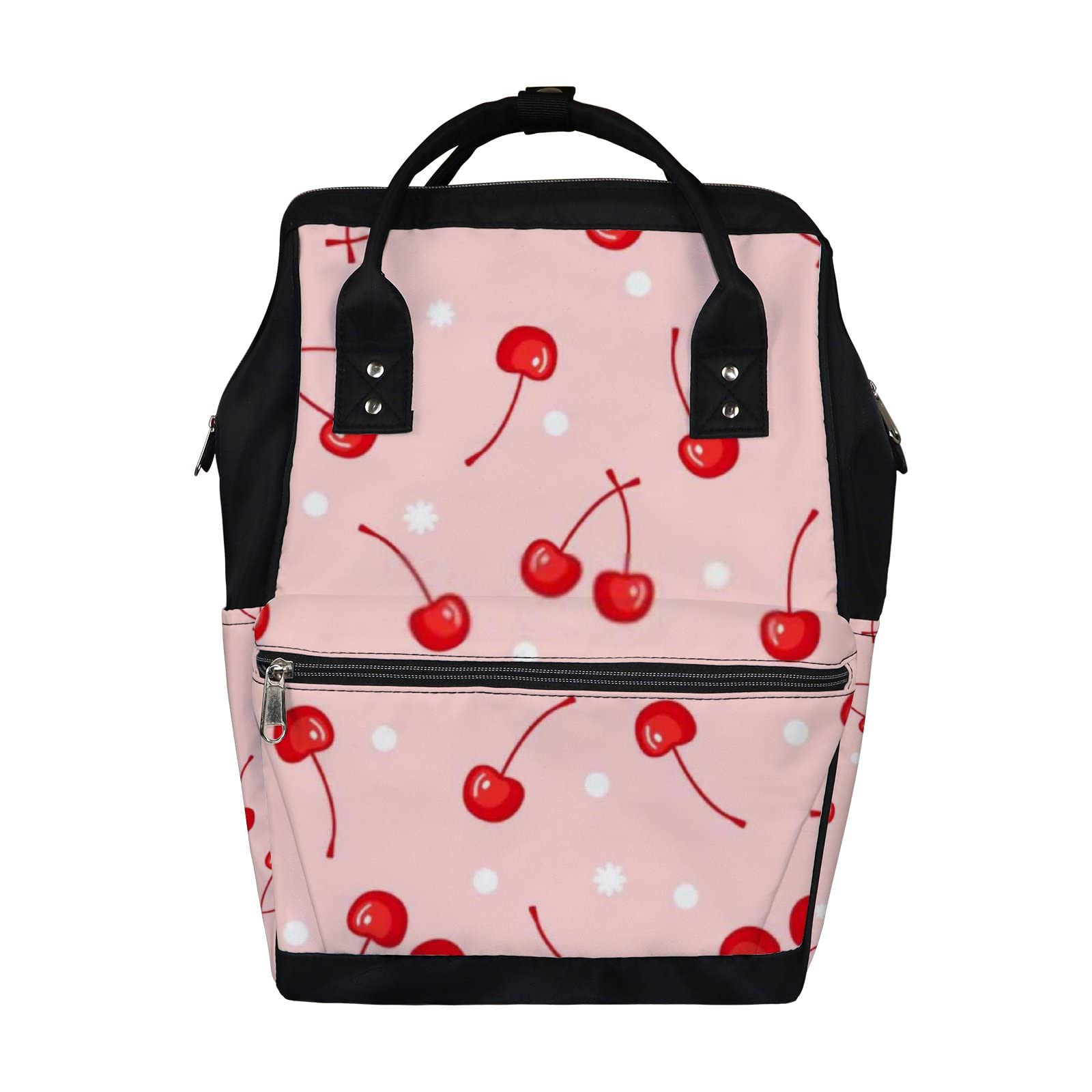 Kuizee Diaper Bag Backpack Multifunction Bag Cherry Pink Fresh Fruit Dots Mutispandex Big Capacity Casual Daypack Mummy Bag Maternity Bag 17 Inch
