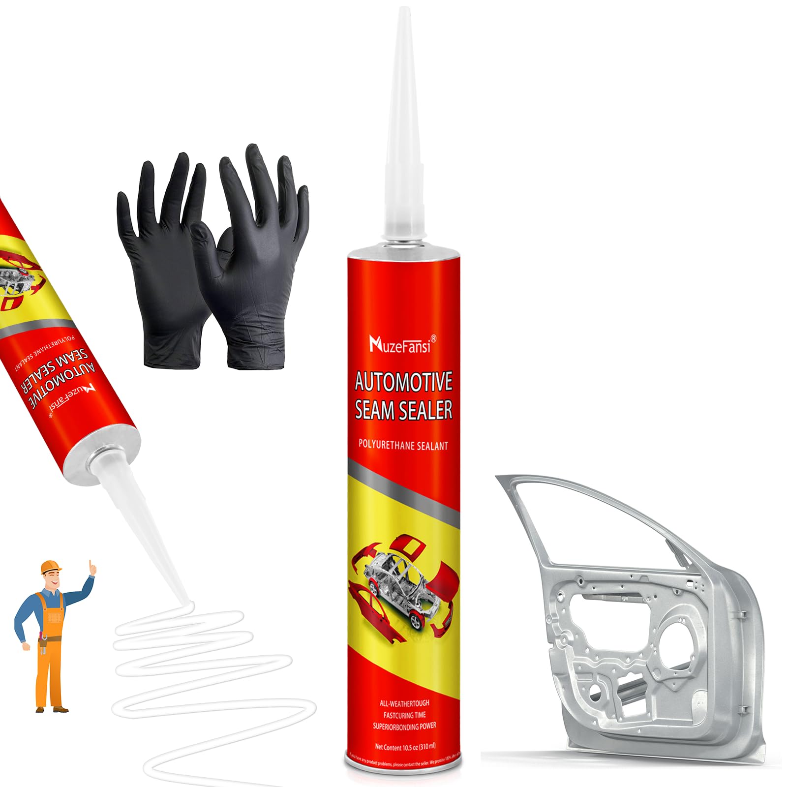 Automotive Polyurethane Seam Sealer, Quick-Set Joint & Body Filler for Metal Surfaces,Flexible & Durable Sealant for Cars, Trucks, and RV Roofs-White-Includes Gloves & Tip