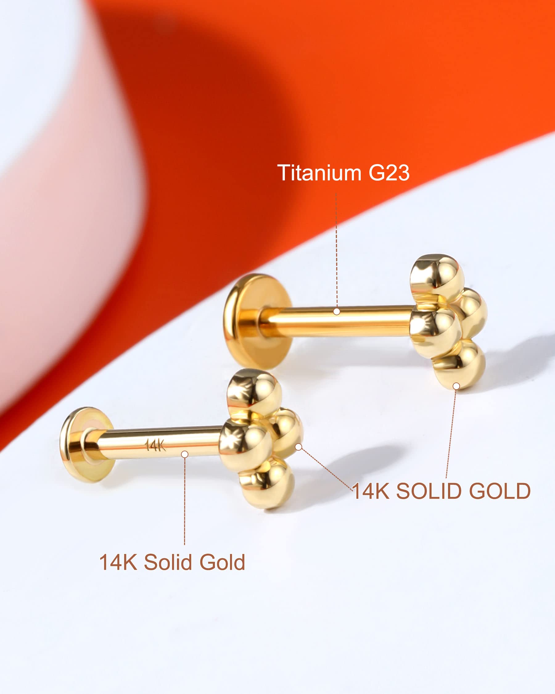 Melighting 16G Flat Back Helix Earring 14ct Gold Threadless Push-in Labret Stud Gold Tragus Earring Conch Stud Helix Piercing Jewelry Stud Earring for Women Girls
