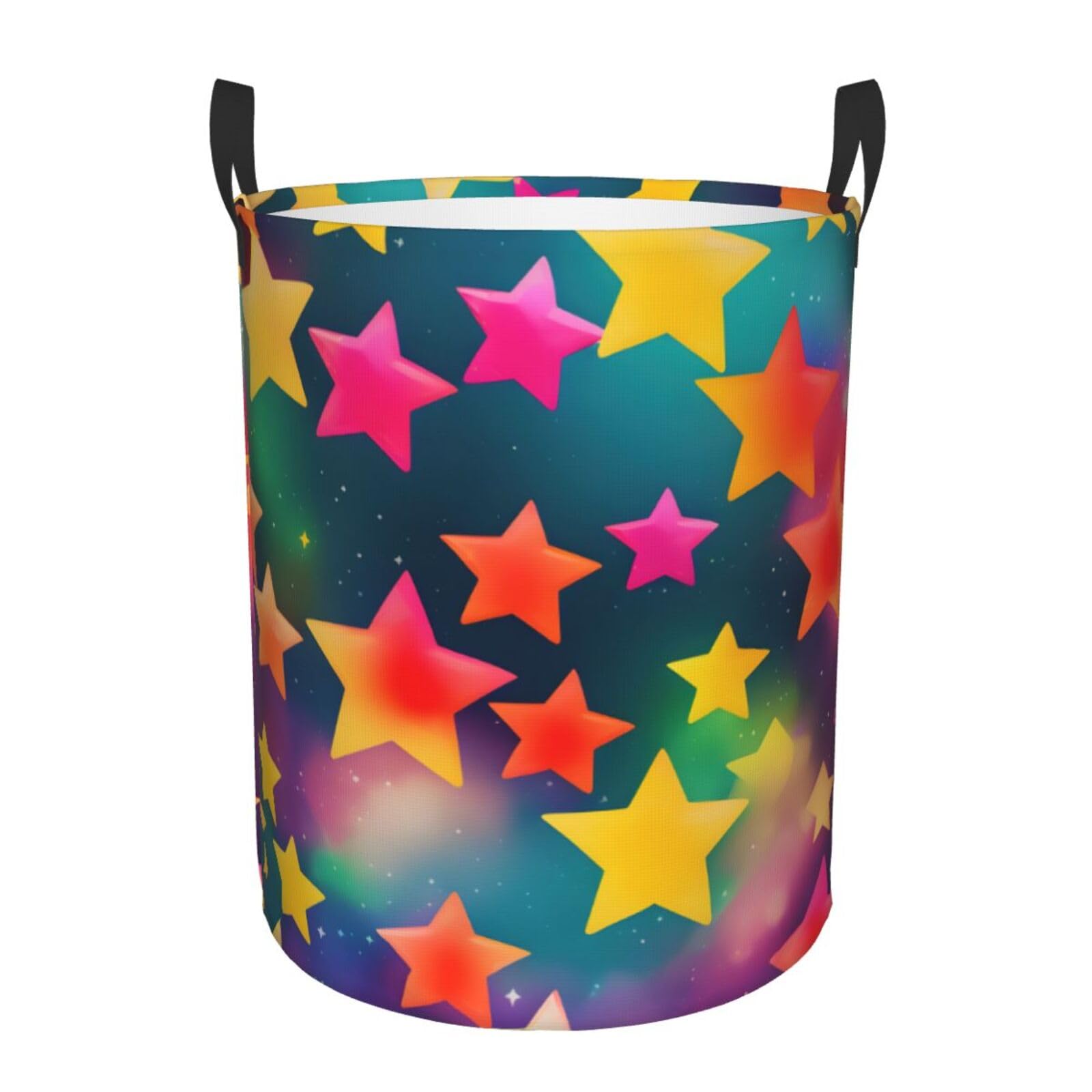 M Collapsible Round Colorful Rainbow Stars Print Laundry Hamper