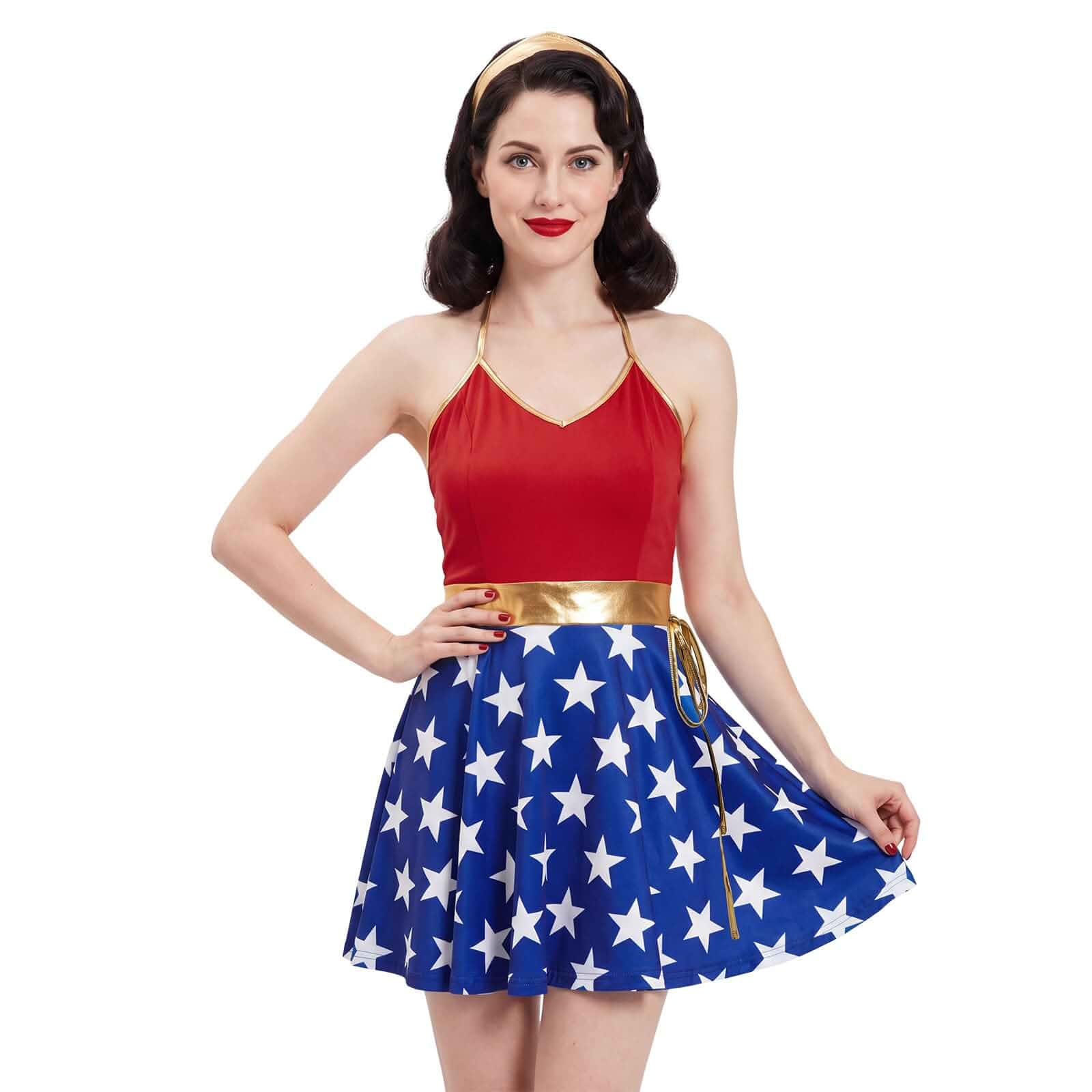 Women Hero Costumes Star Print Halter Neck Mini Dress and Gold Headband Set Women Hero Costumes, Star Print Halter Neck Sleeveless Mini Dress and Gold Headband Set of 2 for Halloween Cosplay Party