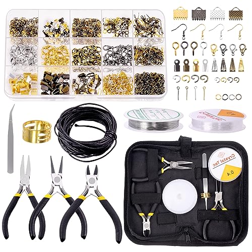 GLARKS Kit de 950 piezas de suministros para hacer joyas con herramientas, alicates, cables, accesorios, herramientas de medición para pendientes, collares, reparación