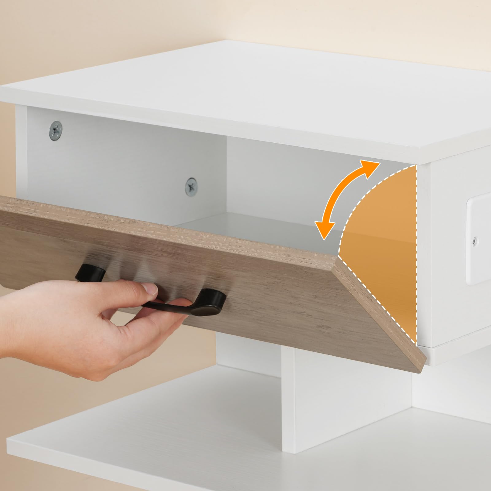 HOOBRO Nachttisch, hängender Nachttisch mit Ladestation, Beistelltisch, Nachtschrank hängend mit offener und versteckter Aufbewahrung, für Schlafzimmer, Weiß-Greige EWG127CBZ01