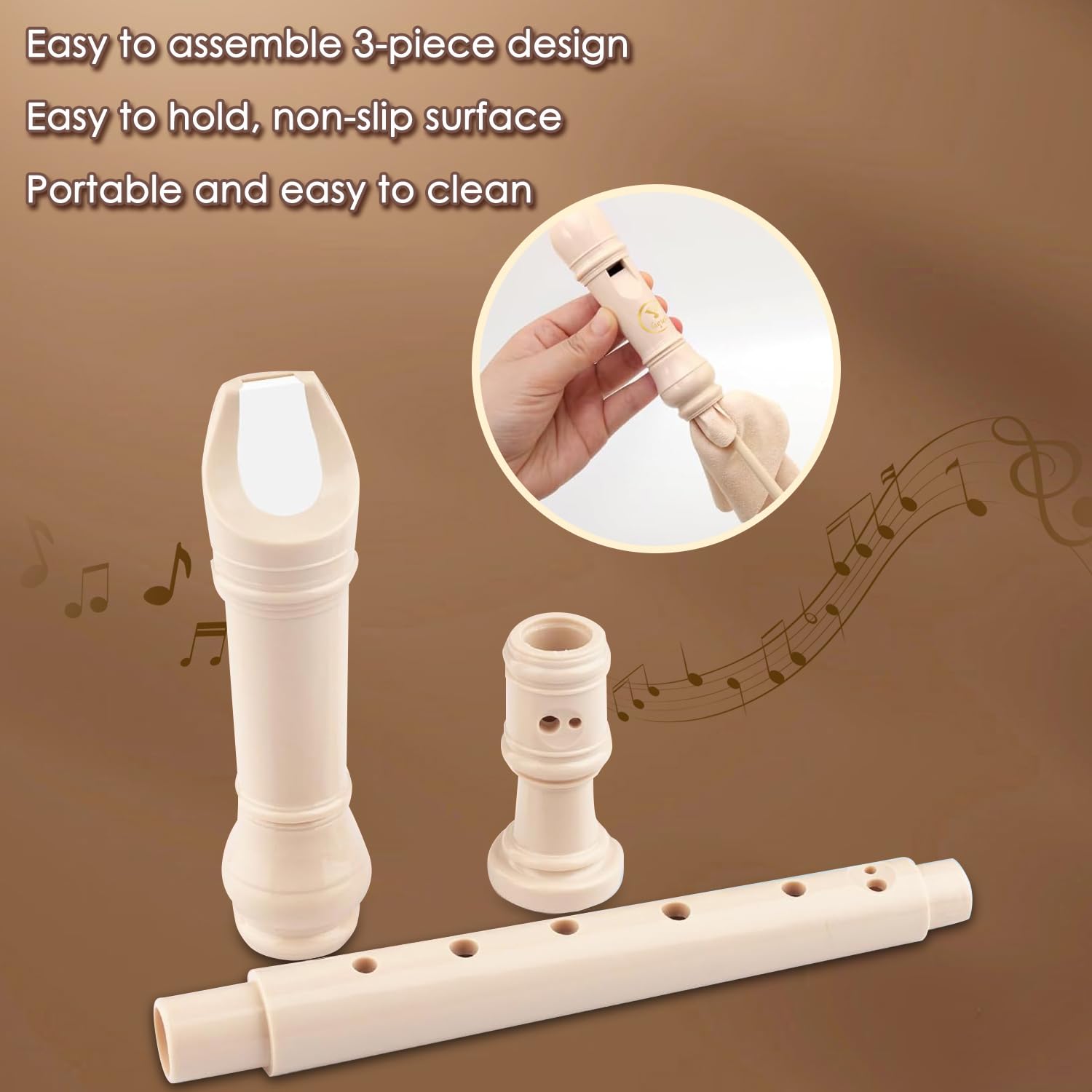 Flauto Dolce Soprano Flauto a 8 Fori in Do, in Resina ABS, con Asta per la Pulizia, Tabella Delle Diteggiature e Borsa in Pelle, per Principianti, Bambini (Bianco Latte)